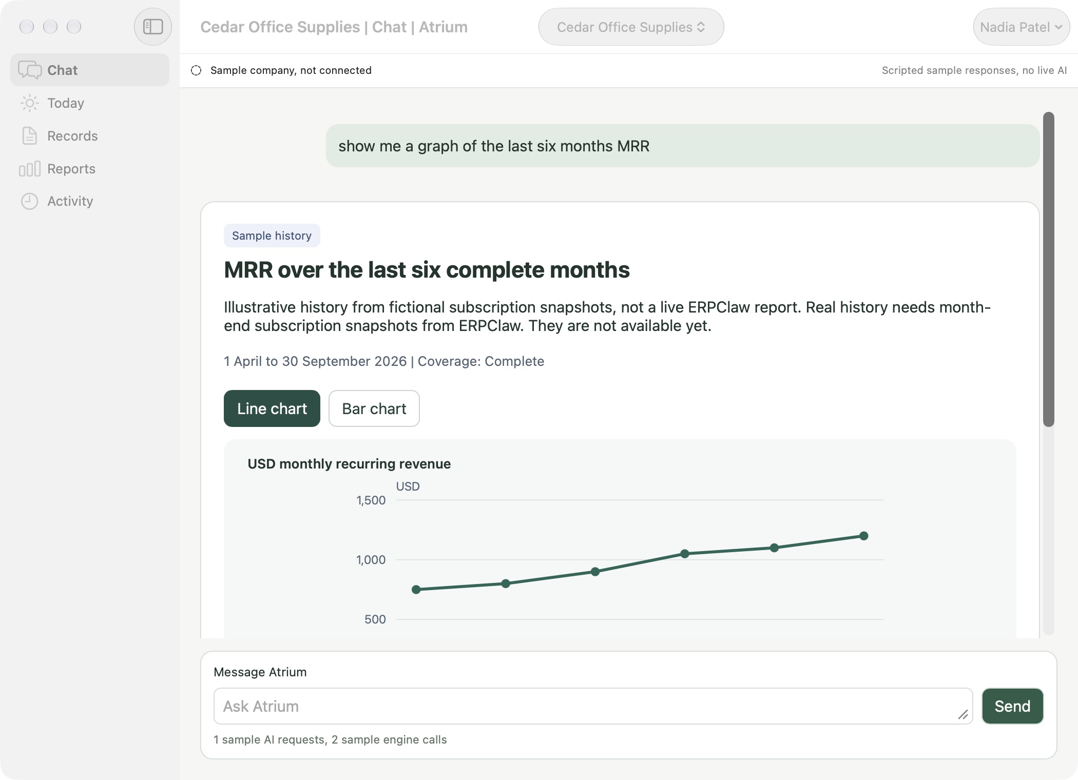 ERPClaw Atrium design preview: a sample report displayed within the Mac chat interface