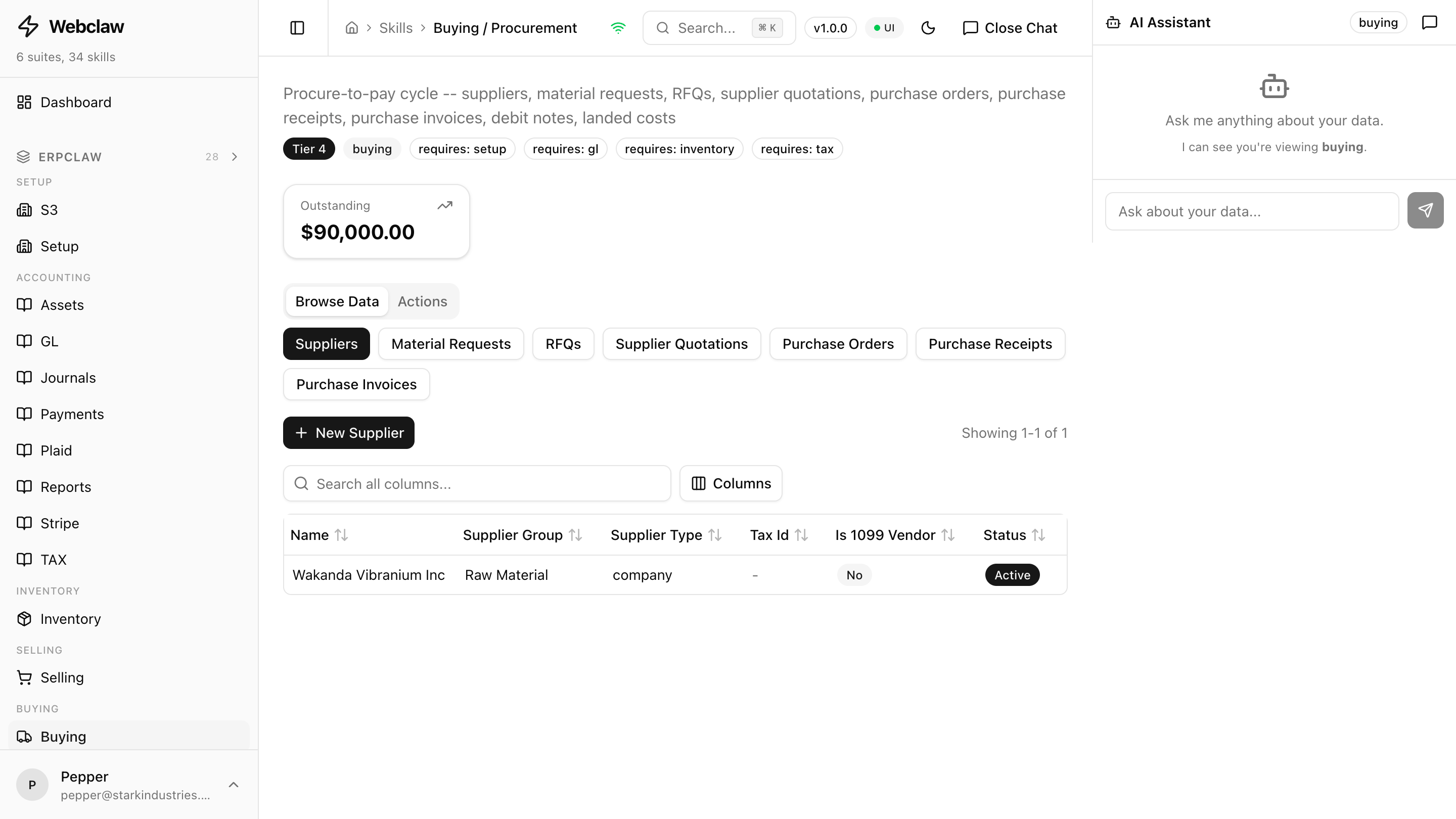 Webclaw 3-panel layout: sidebar navigation, data table, and AI chat