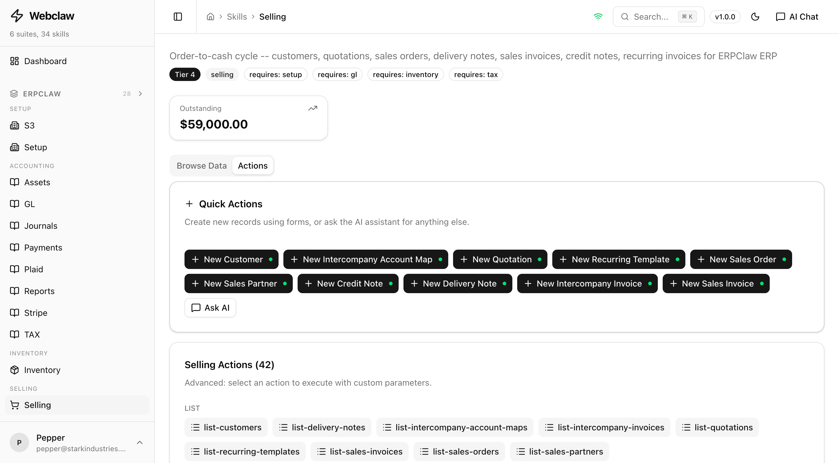 42 selling actions with quick create buttons