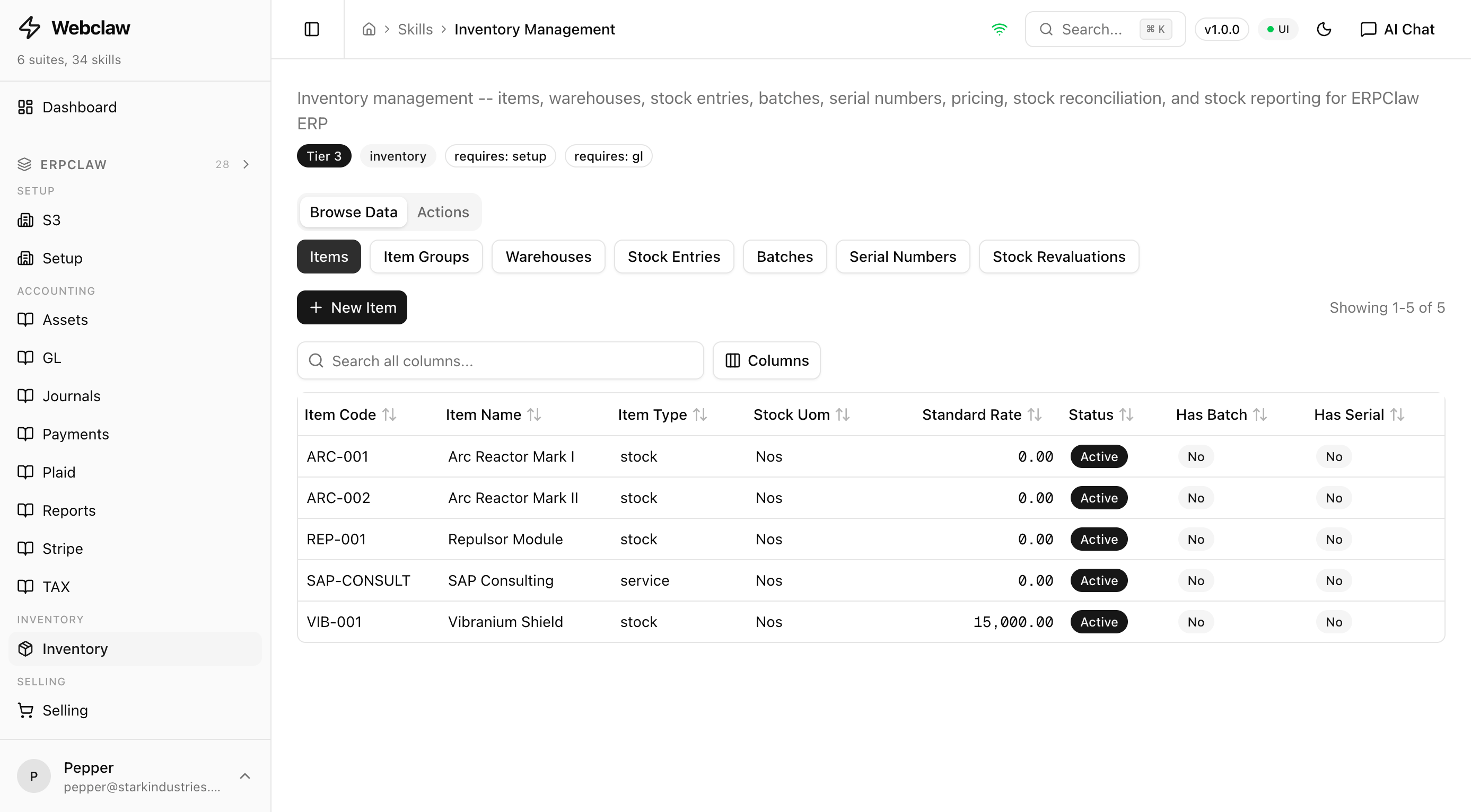 Inventory items data table with search, sort, and column controls